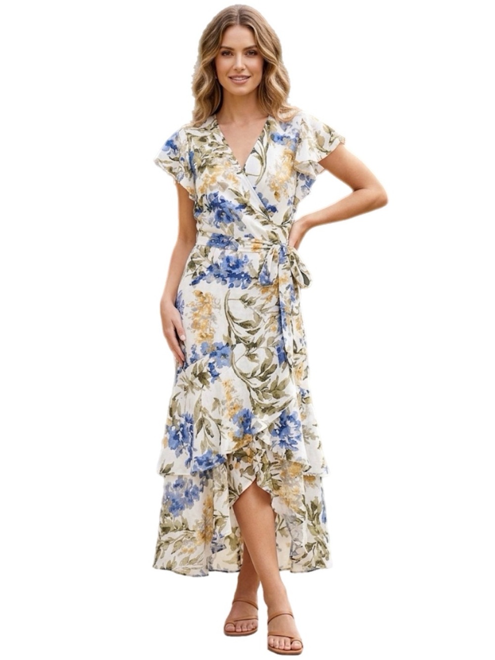PL Kate and Lily Women’s Floral Wrap High-Low Yellow Blue Green Spring Dress